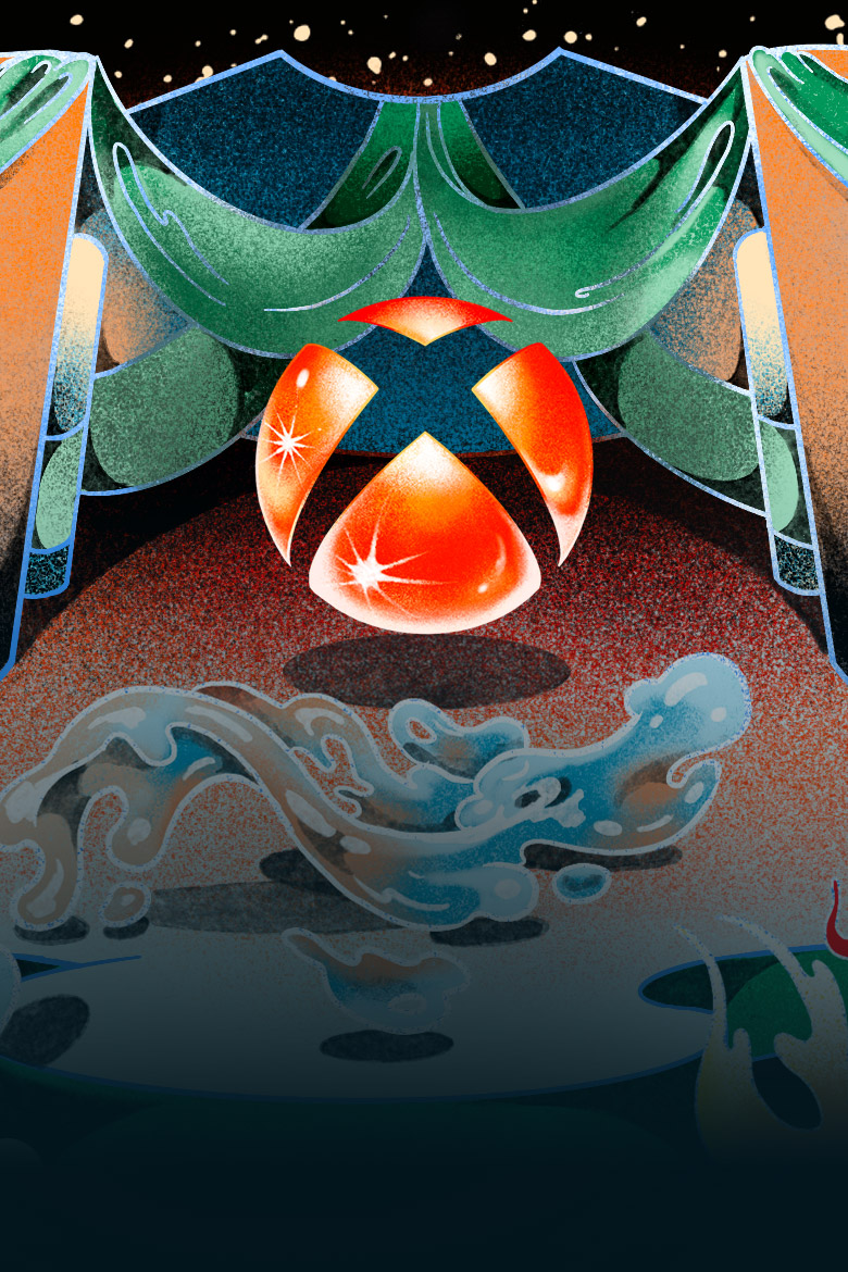 A shining red Xbox logo surrounded by floating water and green drapes.