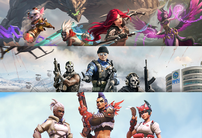 Game art from multiple free-to-play games including League of Legends, Call of Duty: Warzone, and Overwatch 2.
