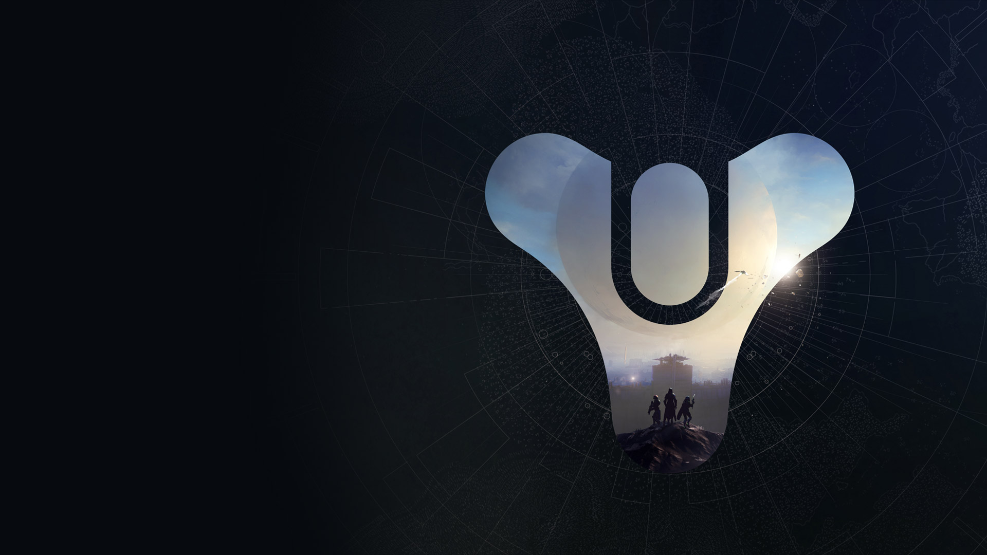 Scenérie s logem Destiny 2 vyplněná modrou oblohou a třemi postavami stojícími na útesu.