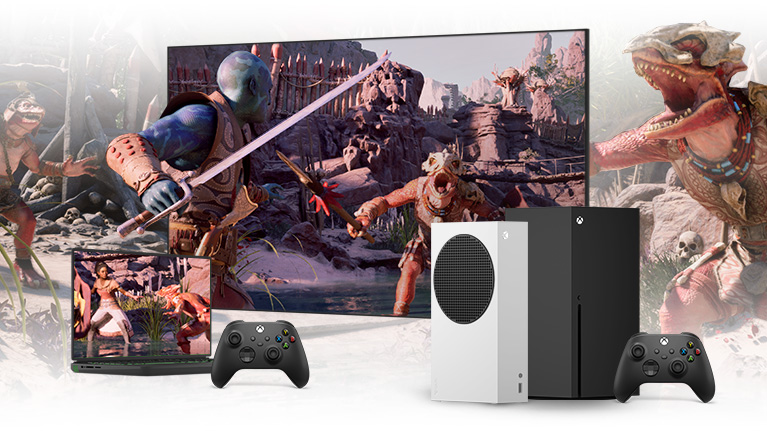 Obrázek ze hry Avowed na televizi a přenosném počítači s ovladači Xbox, Xbox Series X a S