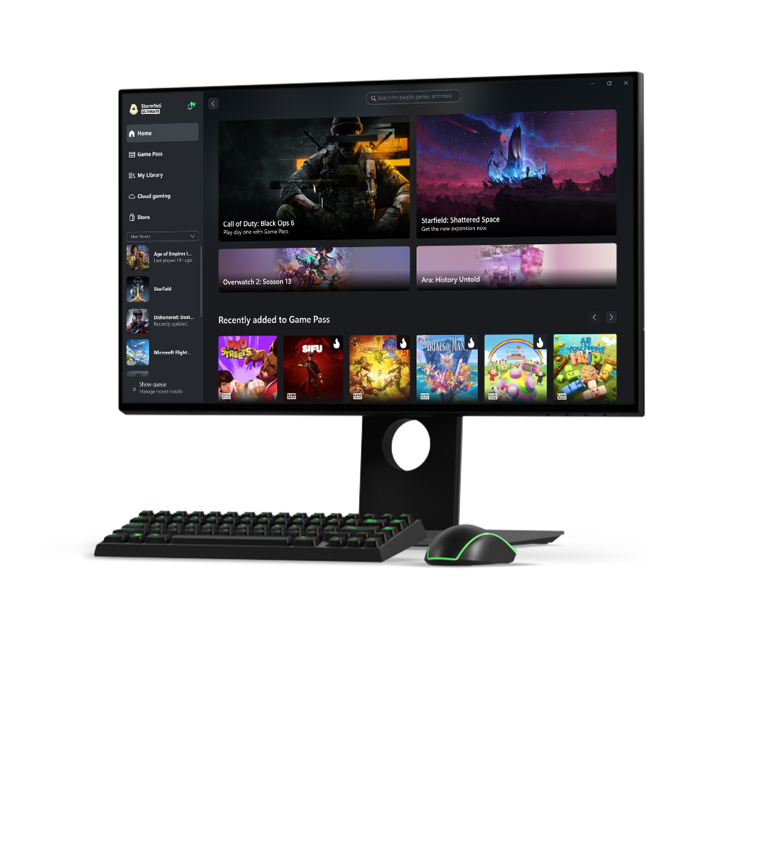 front view of a monitor displaying a menu from the Xbox app on Windows PC