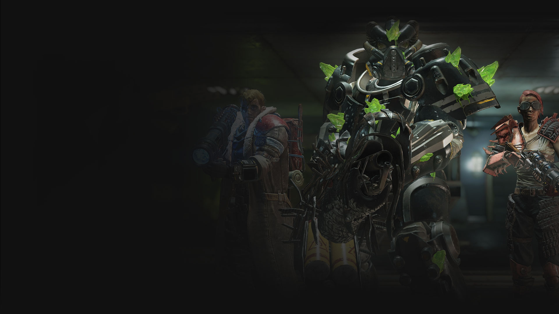 Fallout 76: Gleaming Depths, dos personajes con grandes armas rodean a un jugador con una Power Armor cubierta de Ultracita radiactiva.