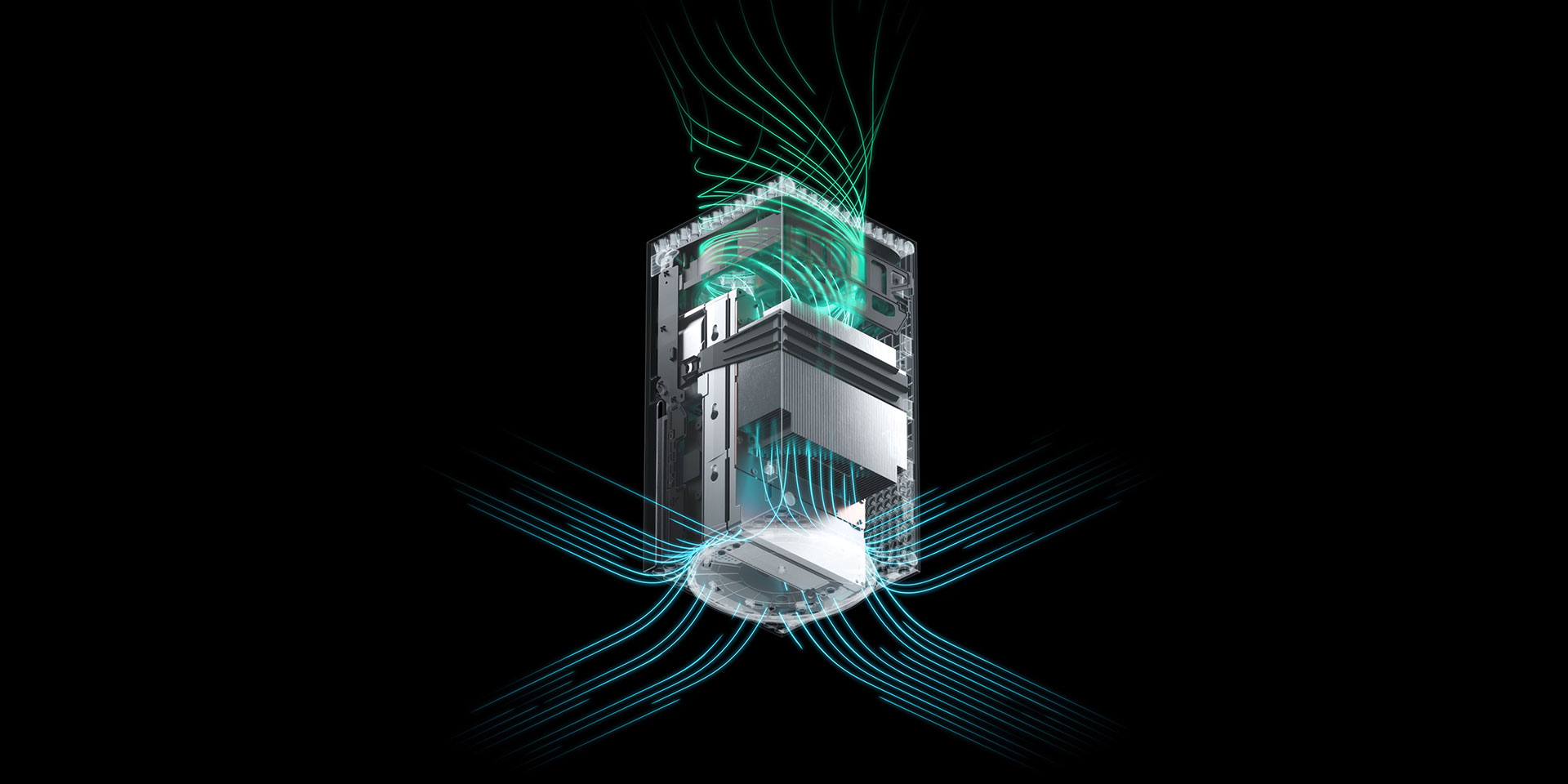 Xbox Series X 的透视模型,显示穿过主机的彩色气流