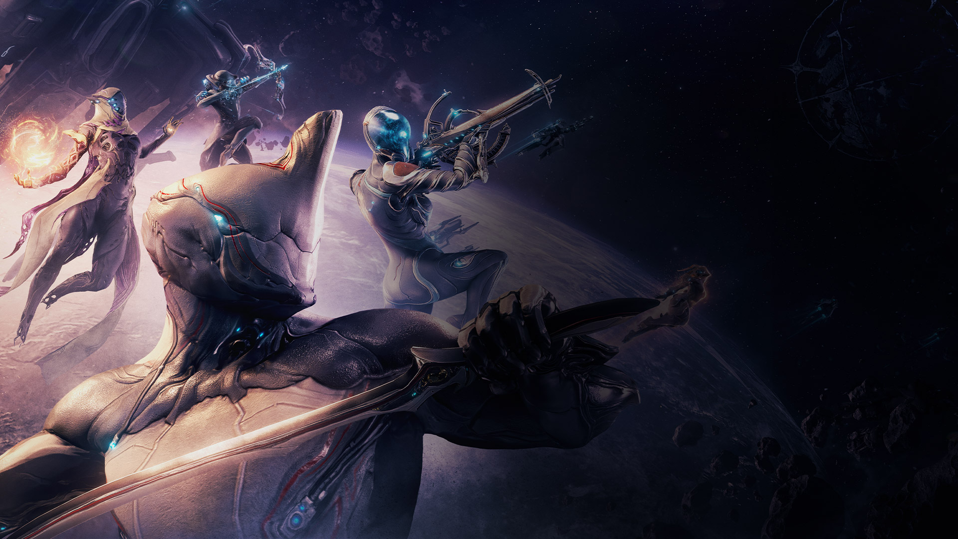Postavy ze hry Warframe se zbraněmi v rukou skáčou vesmírem nad planetou.