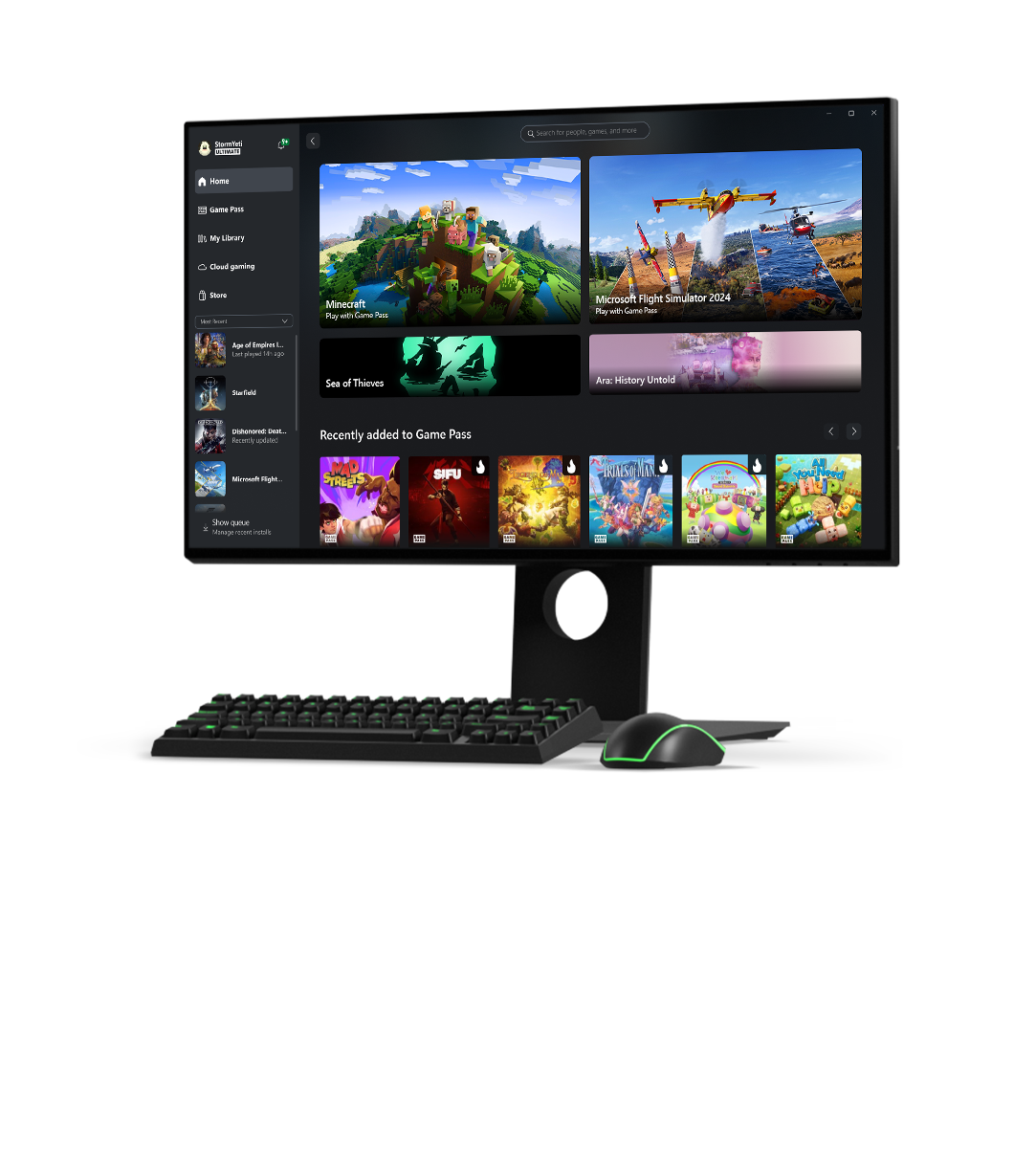 front view of a monitor displaying a menu from the Xbox app on Windows PC