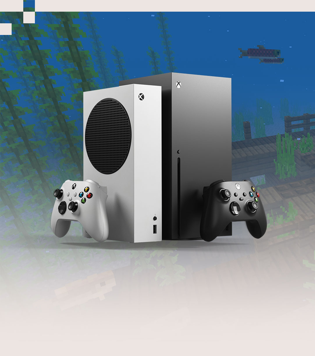 Vista frontal de 2 consolas Xbox Series X|S