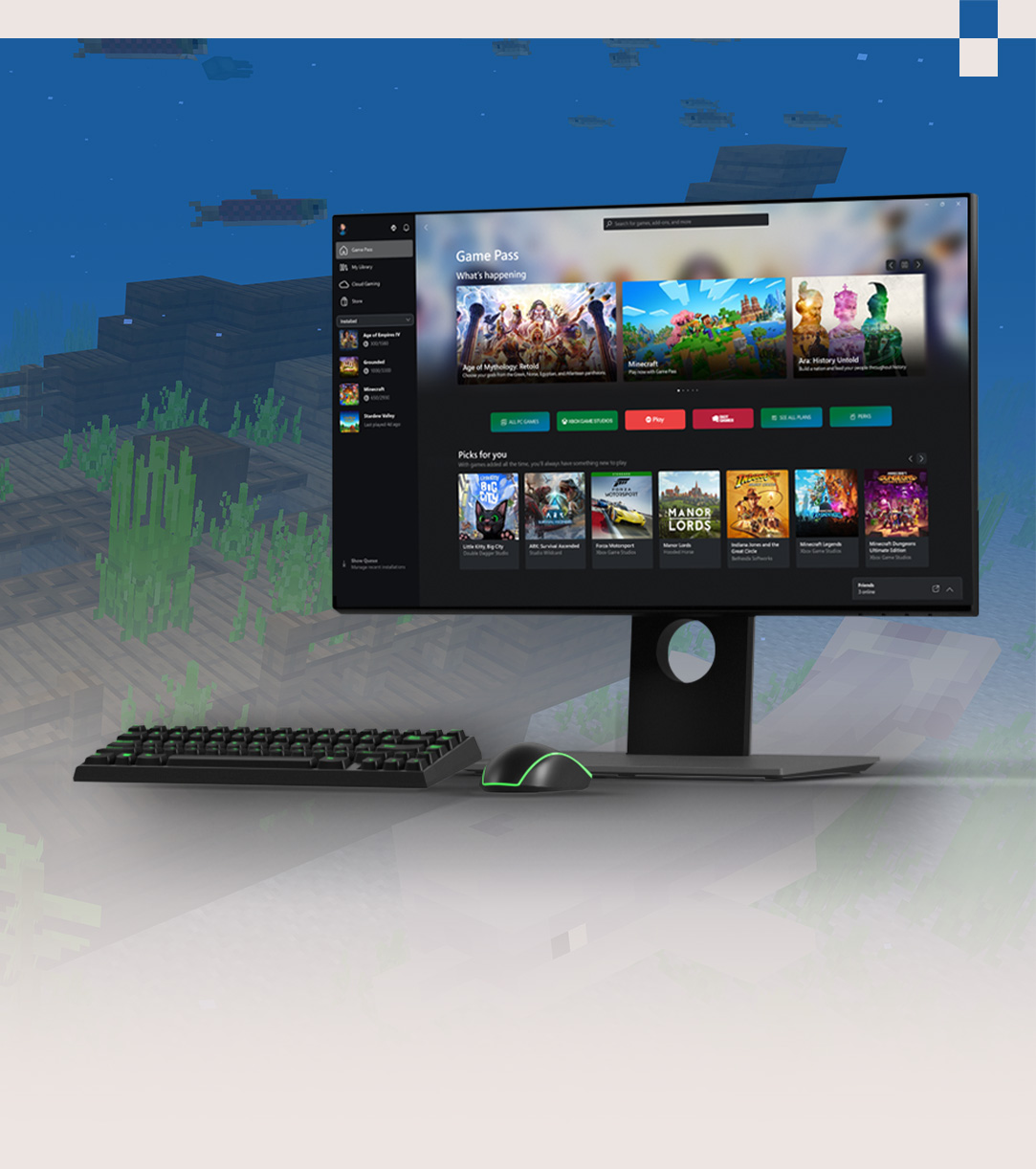 vista frontal de un monitor que muestra un menú de una aplicación Xbox en una PC con Windows