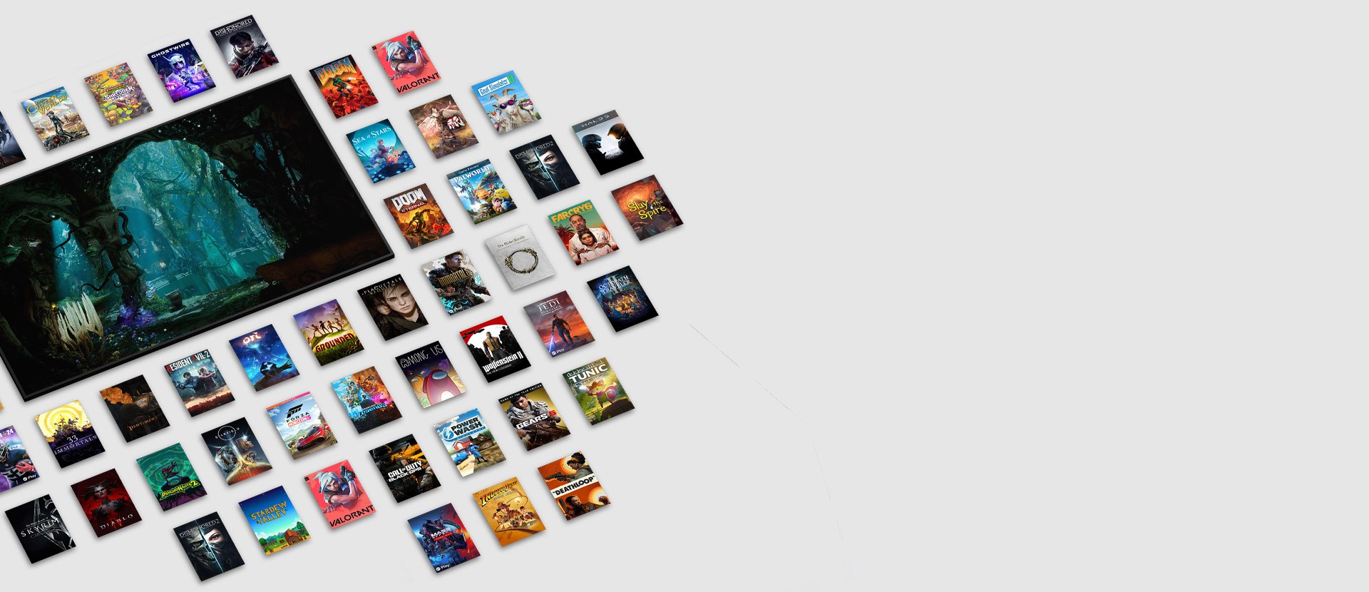 Box shots of multiple games available with Game Pass Ultimate surrounded by a TV showing a scene from Avowed